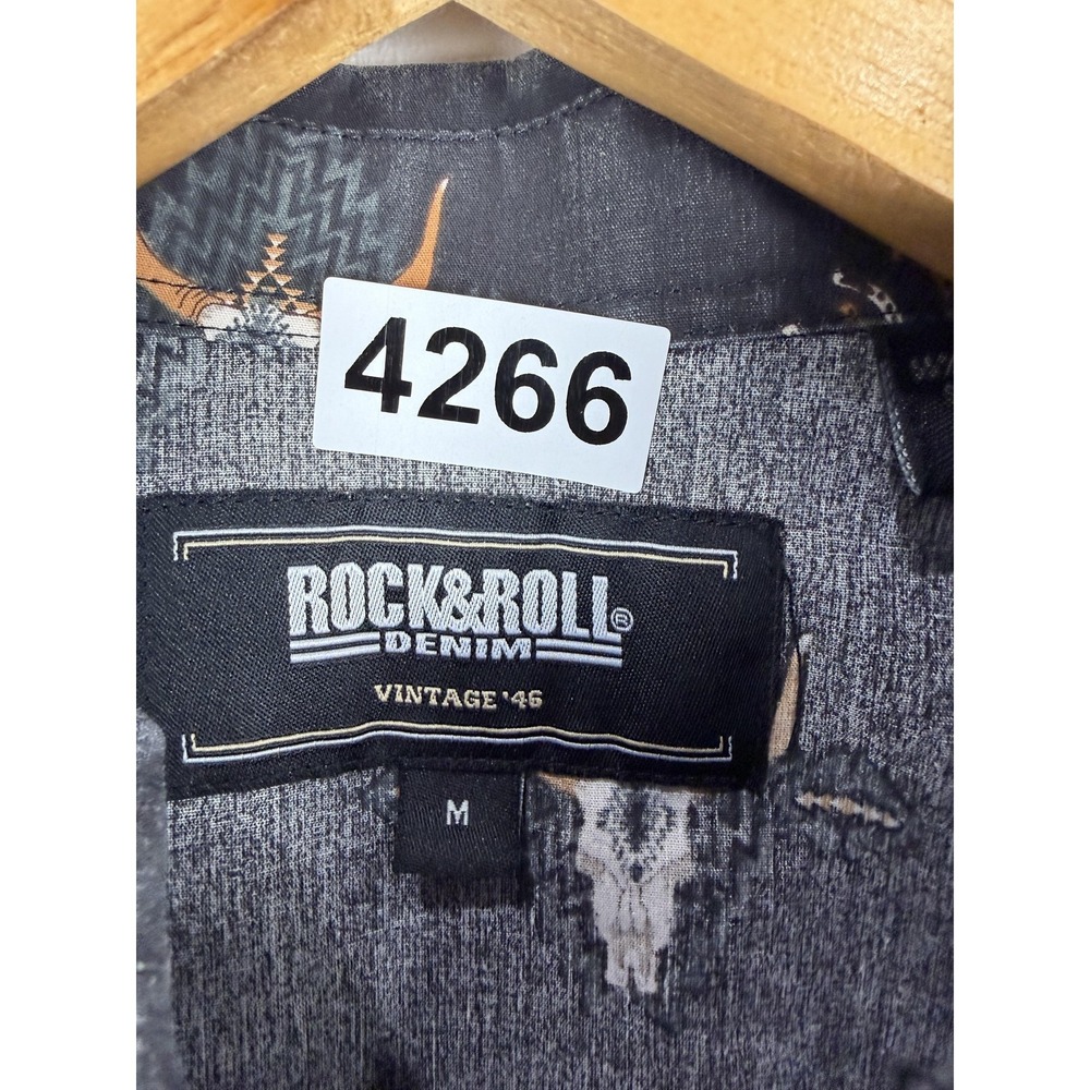 Rock & Roll Denim Shirt Mens Medium Black Longhorn Western Snap Button Up - Picture 3 of 9